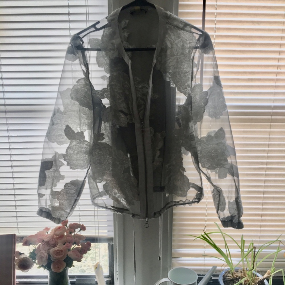 Bandolera Sheer Silver Floral Bomber Jacket